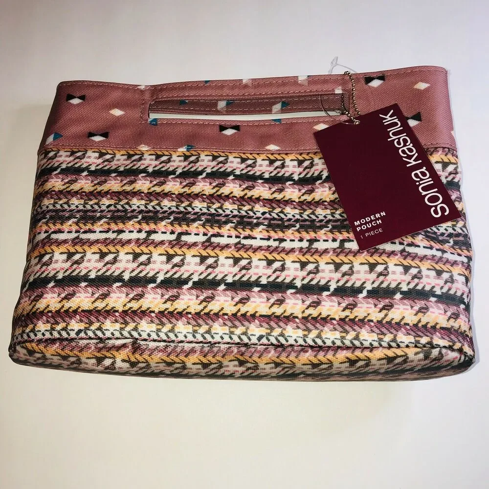 Sonia Kashuk Womens Pink Zippered Cosmetic Bag Modern Pouch Pink Houndstooth